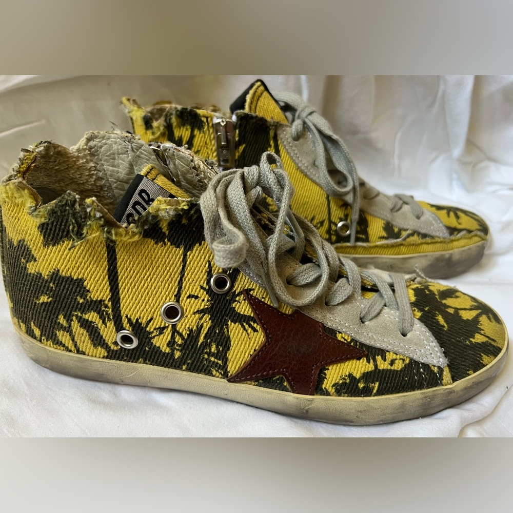 Golden Goose Style Yellow Palm-Print High-Top Sneakers with Brown Star